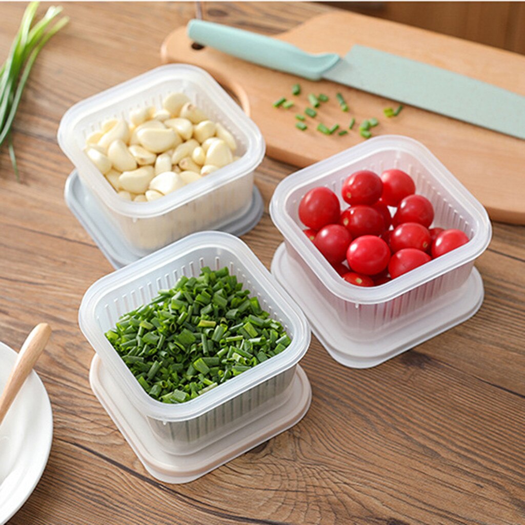 Food Storage Box Square Drain Sealed Box Ginger Garlic Onion Food Container Refrigerator Storage Homekitchen Fruit Drain Case@35