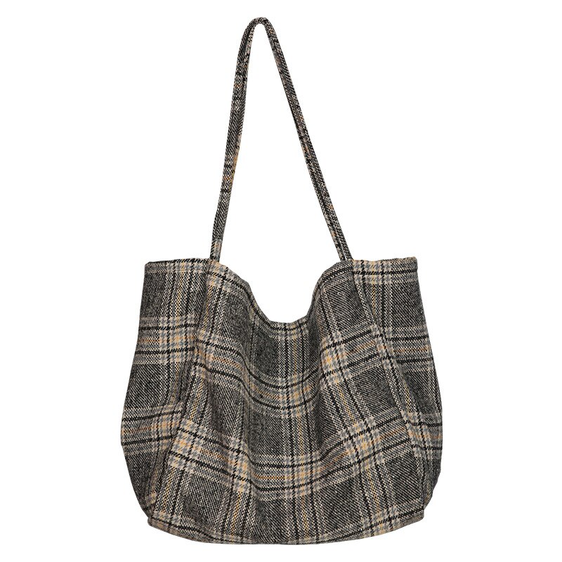 weibliche Wolle Plaid Leinwand Taschen Frauen Große Kapazität Tote Handtasche Damen Beiläufige Große Schulter Tasche: grau Plaid