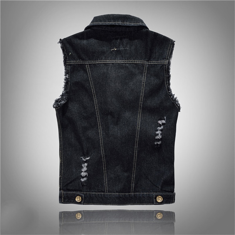 Men's high-grade Denim Vest Male Black Sleeveless cotton 80s Jackets Hole Jeans Vintage Brand Waistcoat 6XL