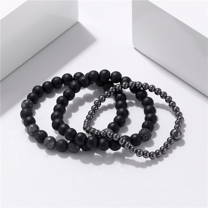 3Pcs/Set Handmade Beaded Bracelet For Men Jewelry Hematite Stone Women Men Elastic CZ Ball Bracelet Sets