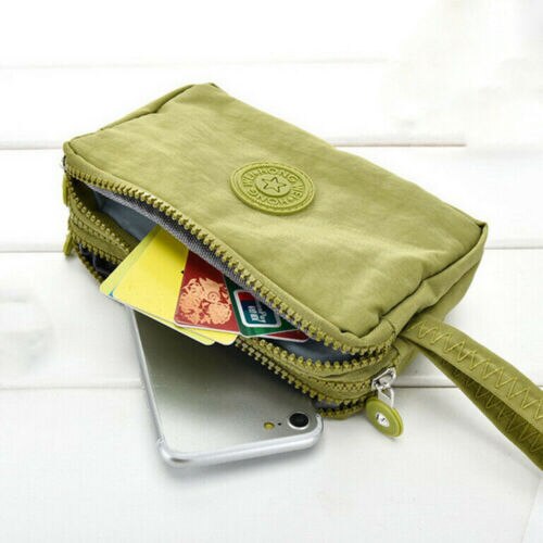 Womens Solid 3 Layer Canvas Telefoon Tas Korte Portemonnee Drie-Layer Rits Coin Card Key Purse