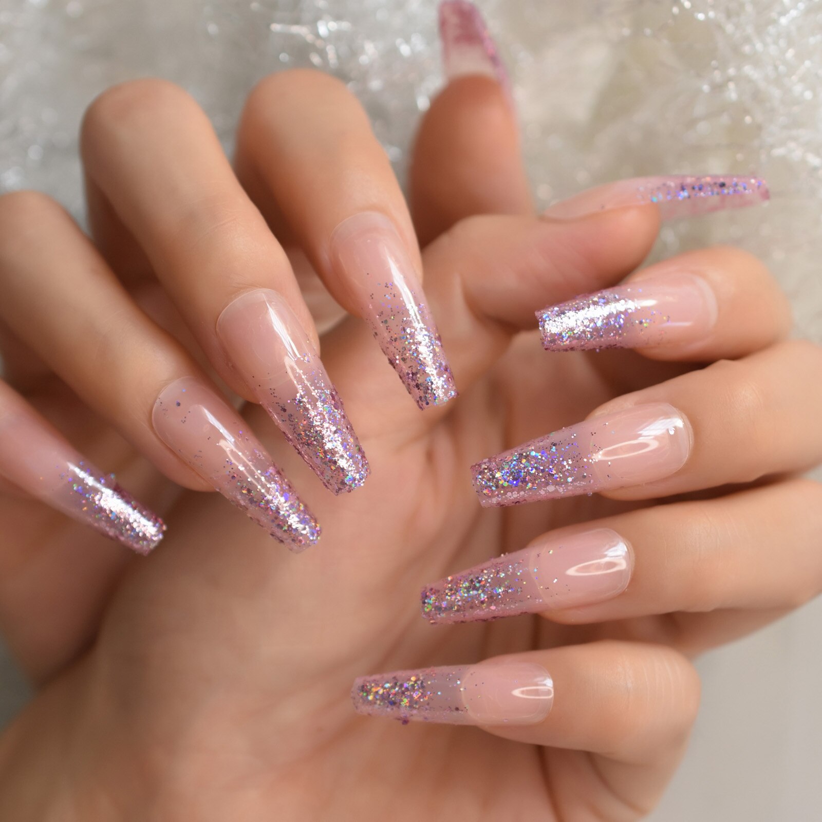 Extra Long Coffin Nail Translucent Pink Glitter Pre Designs Press On Full Cover Fingernail Manicure Tips Supplies