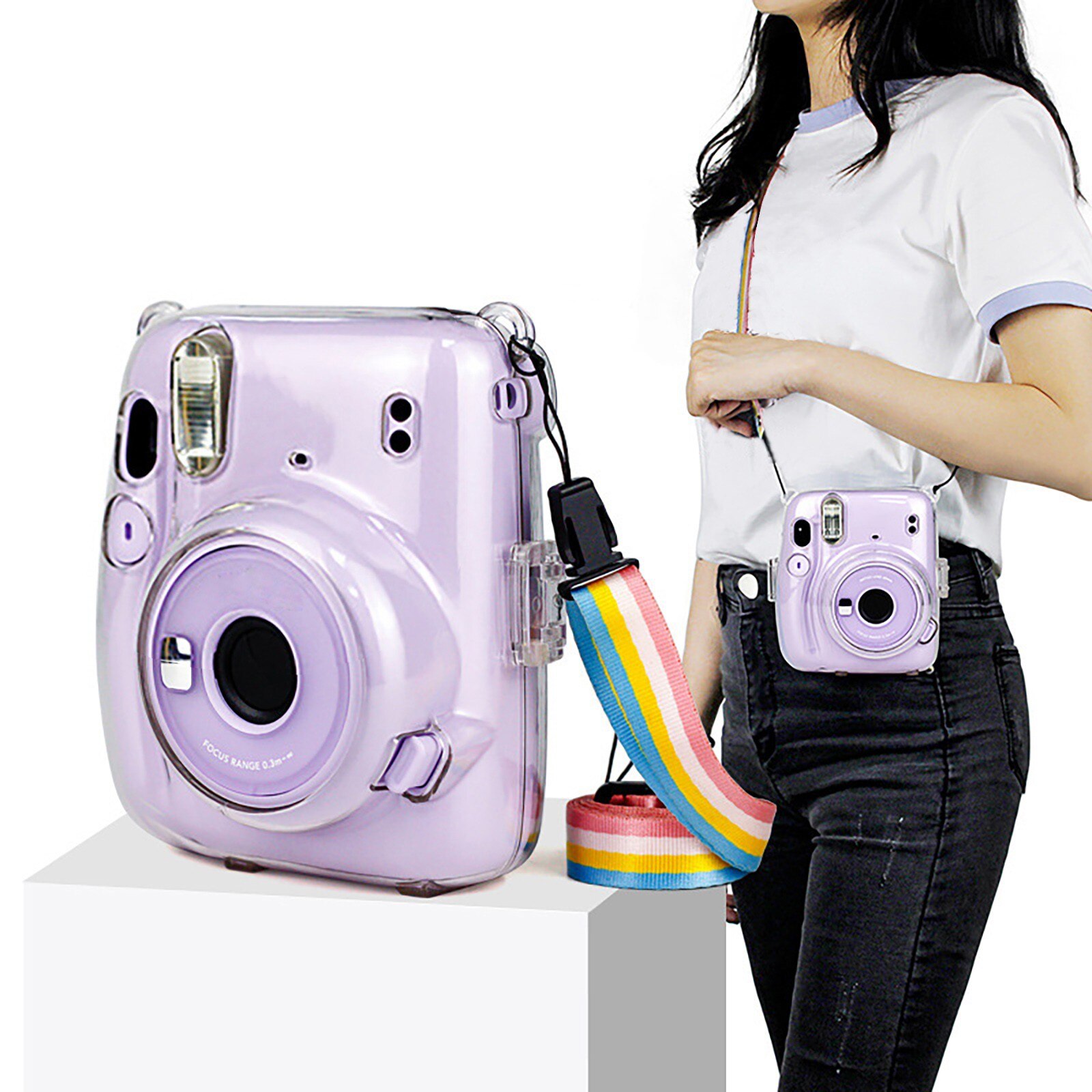 Clear Case Voor Instax Mini 11 Instant Film Camera Beschermhoes Cover Slip Met Verstelbare Regenboog Schouderriem