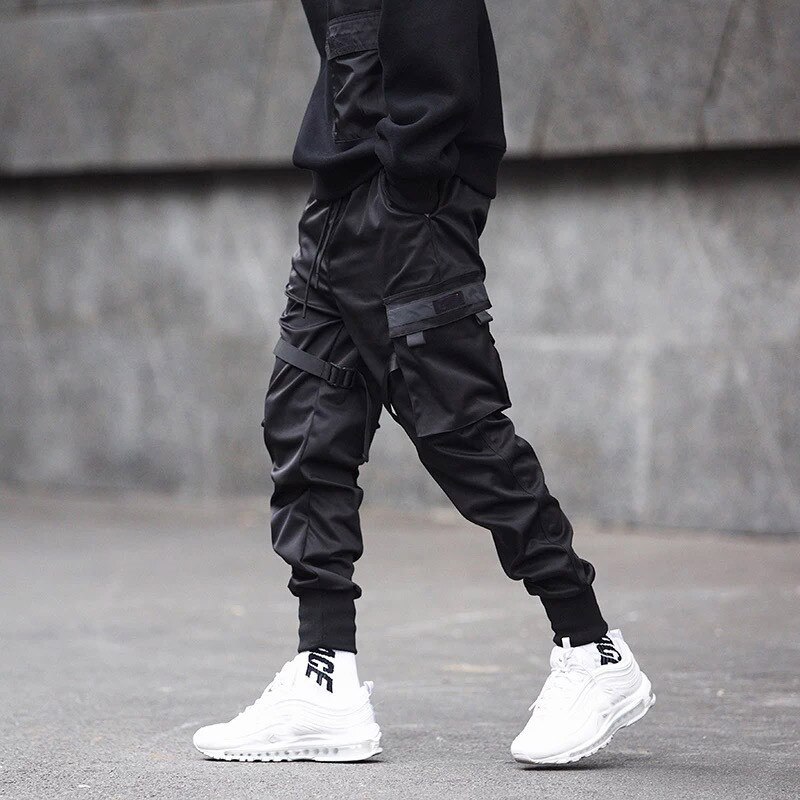 Uomini Nastri di Colore Black Block Tasca Dei Pantaloni Cargo Harem Pantaloni Harajuku Sweatpant Pantaloni Hip Hop