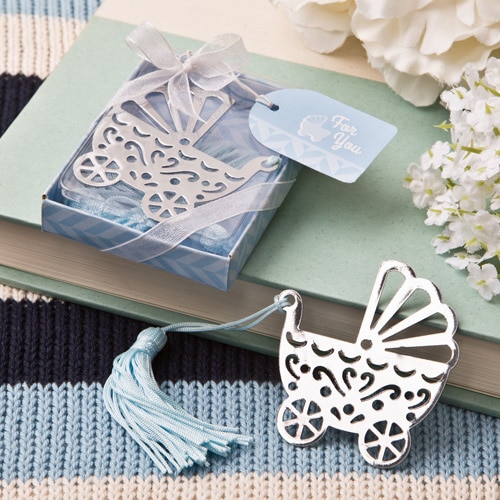 Blå/rosa barnvagn bokmärke bröllopsfavörer och födelsedagsfest baby shower favor flickpojke