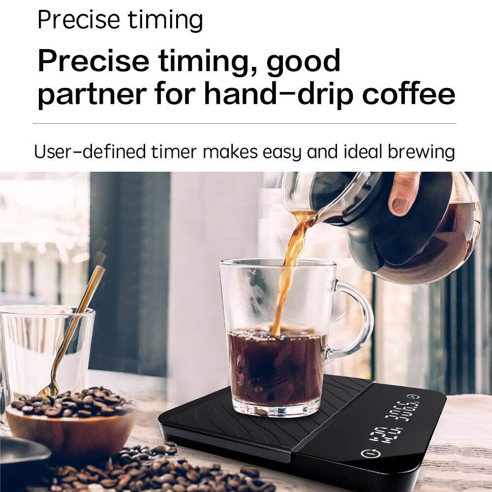 2kg 0.1g Smart Drip Coffee Scale Timer Pour Coffee Electronic Kitchen Scale Double-row Display with USB Chargin