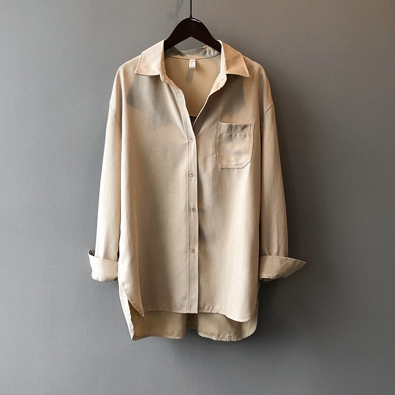 Blusa de estilo Retro con manga larga para verano, Camisa lisa con solapa y luz para mujer,: Caqui / M