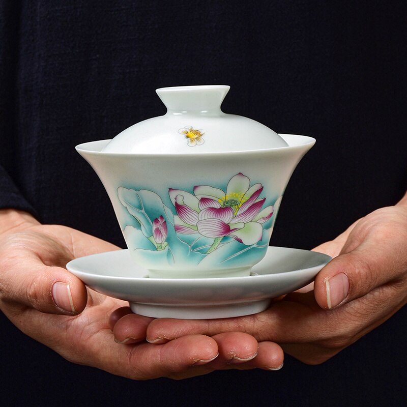 Ru Kiln Every Pottery Sancai Gaiwan Master Cups Hand Painted Peach Tureen Kung Fu Tea Tureen Chinaware Office Decoration