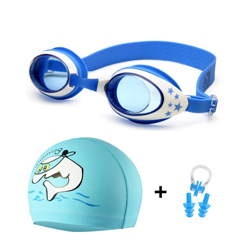 Kinderen Zwembril Siliconen Shark Caps Duiken Bril Oor Plug Neus Set Waterdichte Kids Zwemmen Zwembad Brillen Meisje Jongen: Sky Blue Dolphin