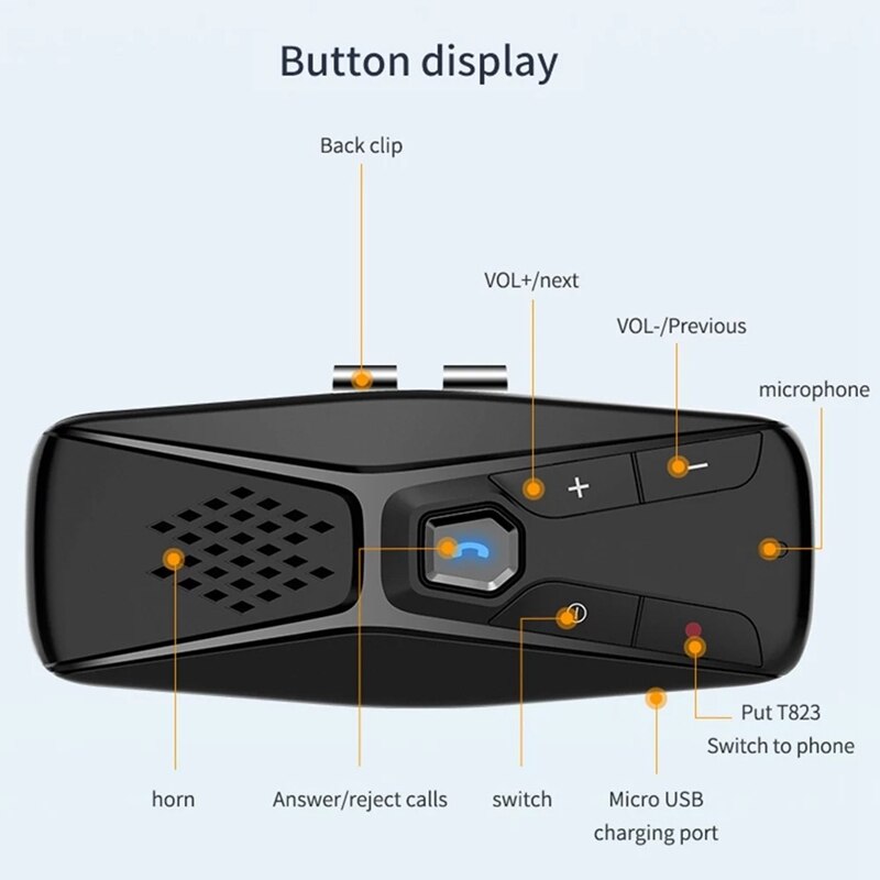 T823 Bt In-Car Speakerphone Handsfree Carkit Muziekspeler Ruisonderdrukking Ondersteunt Stem Assistent