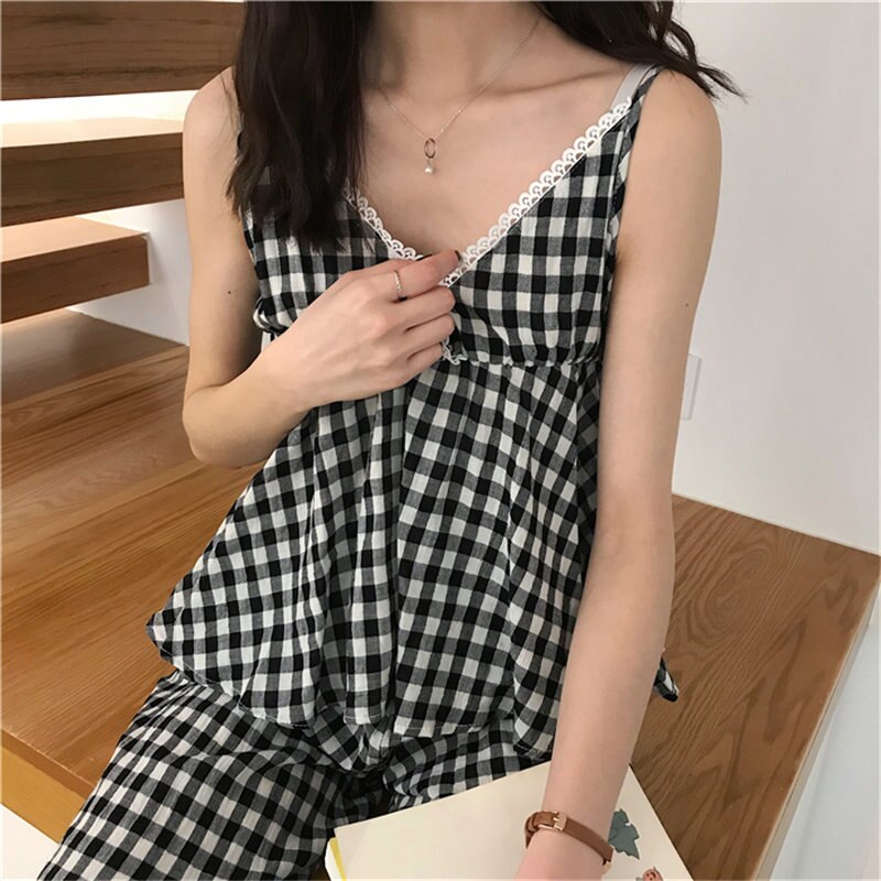 JuneLove Plaid Lace Gentle Three-piece Suits Chic Vintage Women Sweet Sleepwear Loose Pajamas Suits Fresh Home Clothes