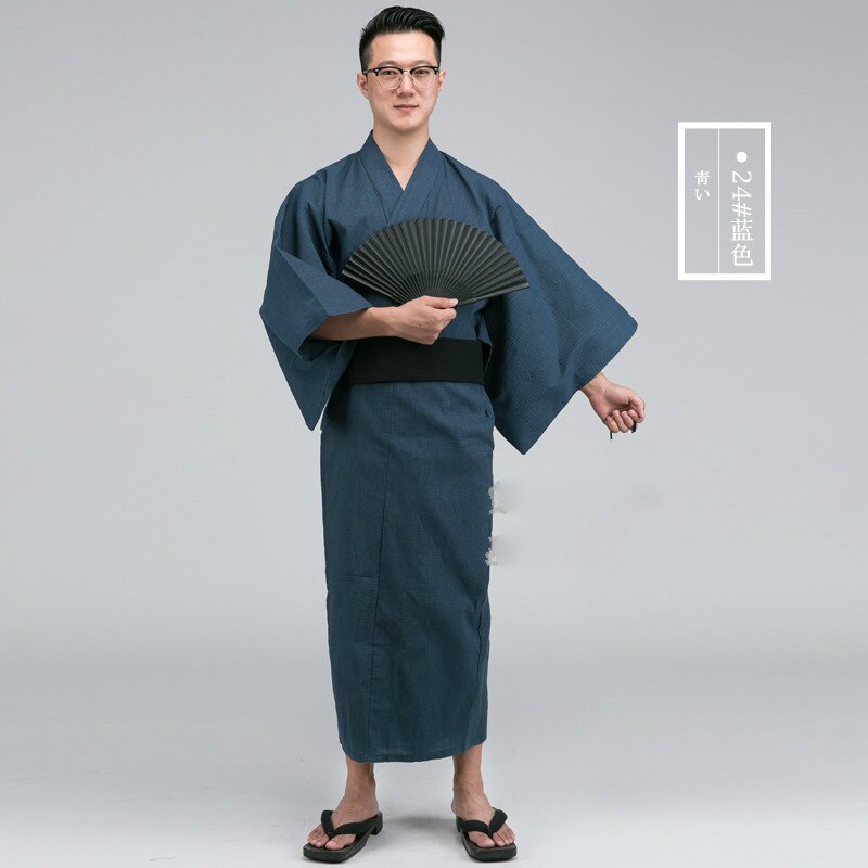Japanes Traditional Kimono Man Long Sleeve Retro Samurai Stage Dance Clothing Male Robe Ancient Yukata Costume Hombres Quimono: blue / L
