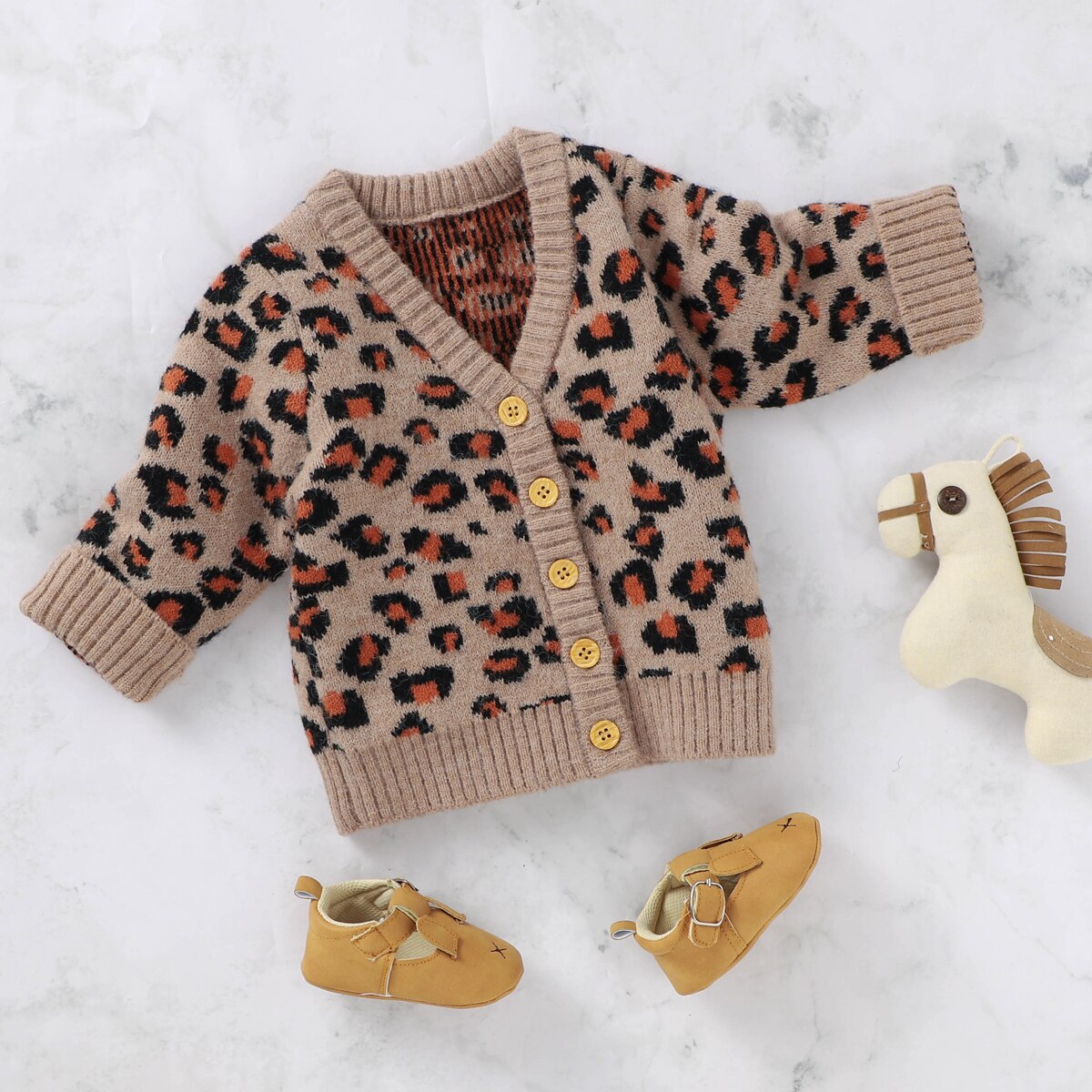Autumn Winter 0-24M Leopard Print Baby Girls Sweater Coat Long Sleeve V-Neck Button-up Casual Cardigan