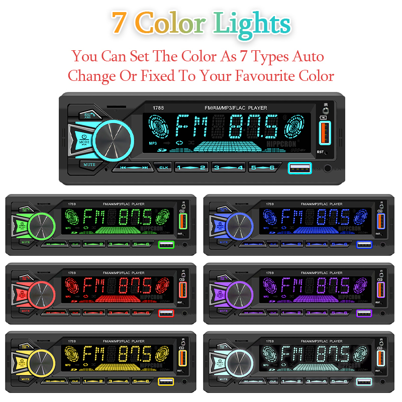 Hippcron Radio de coche 1din Srereo reproductor de MP3 Bluetooth receptor FM con Control remoto AUX/USB/TF soporte carga de teléfono