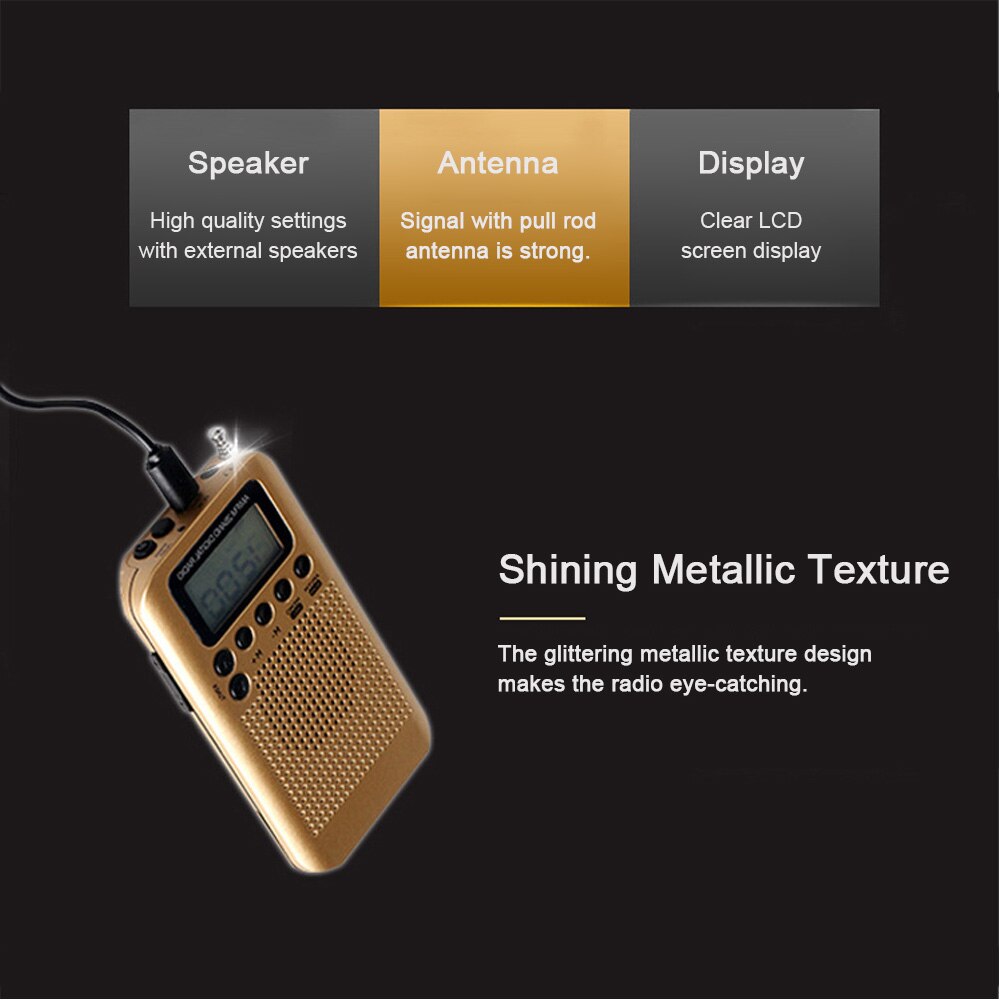 HRD-104 Portable AM / FM Stereo Pocket Radio 2-Band Digital Tuning Radio / Earphone Lanyard / 1.3 Inch LCD Display Screen