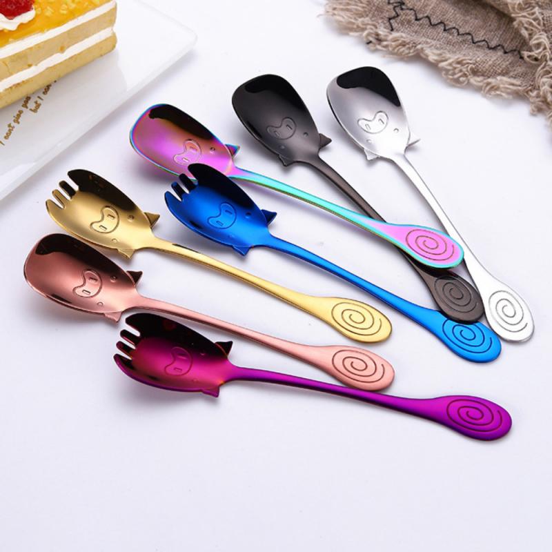 The Seven Color Pig Shape Ice Cream Spoon&amp;Fork Juice Stirring Cutlery Set Coffee Ice Cream Tool Kitchen Tools