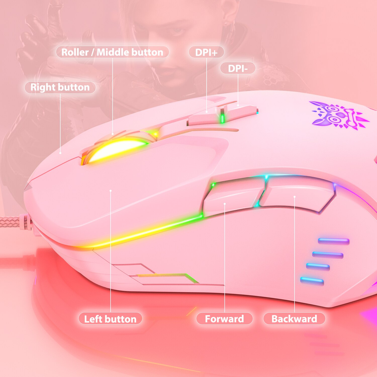 ONIKUMA CW902 Wired Gaming Mouse Cute Pink RGB 6400 DPI Optical Ergonomic USB Mice For PC Laptop Computer