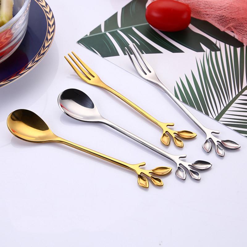 1pc Originality Leaf Metal Coffee Spoon Small Luxury Cute Coffee Stirring Spoon Stainless Steel Seasoning Dessert Fork Teaspoon