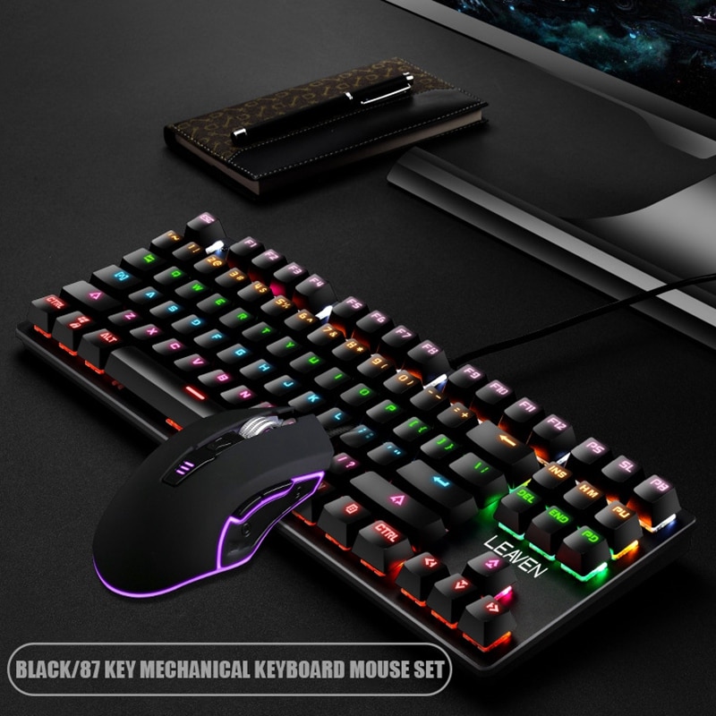 Mechanical Gaming Keyboard & Mouse Set, 87 Keys, Seven Colors RGB USB