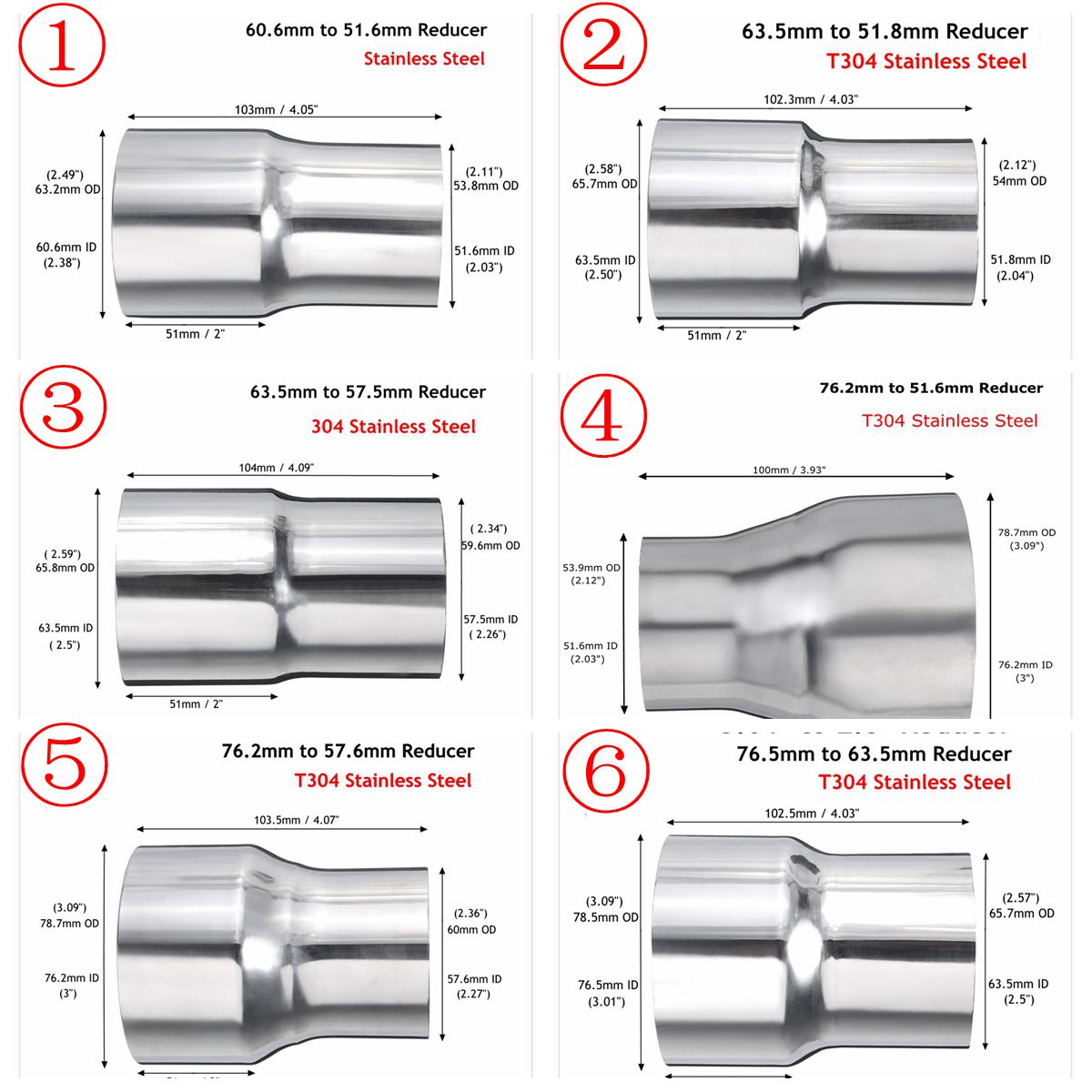 Universal Car Stainless Steel Standard Exhaust Reducer Connector Pipe Tube 76mm 63mm 60mm to 63mm 57mm 52mm 50mm