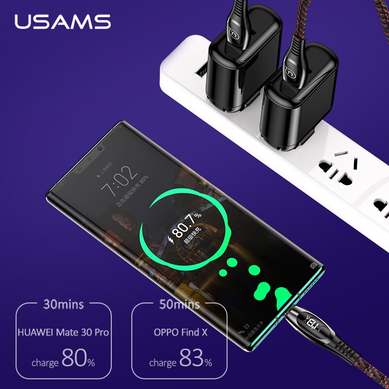 USAMS LED Display USB C Kabel 5A Quick Charge Typ C Kabel für Huawei P10 P20 P30 Mate 9 10 20 Smart Ladekabel Typ-C Draht