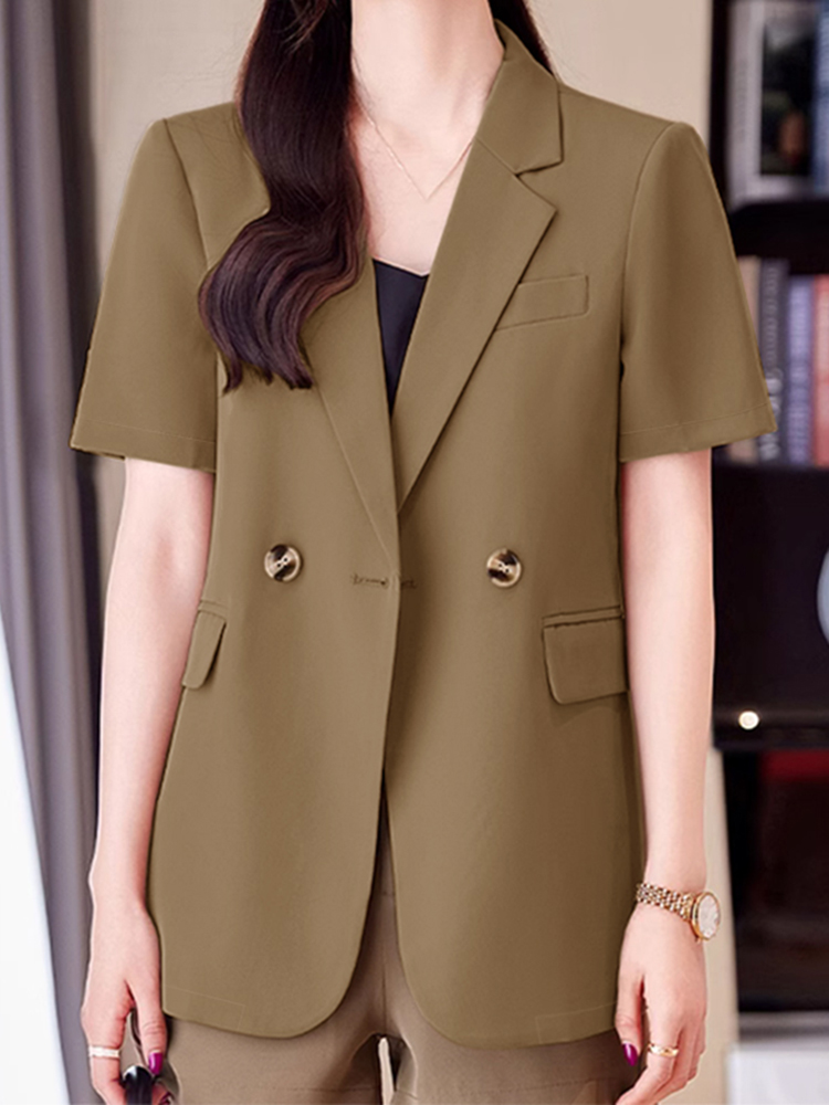 Zanzea dame sommerblazer ensfarvet arbejdsskjorte med revershals og korte ærmer, blazer med jakkesæt, afslappet bluse med knapper: Xxxl / Brun
