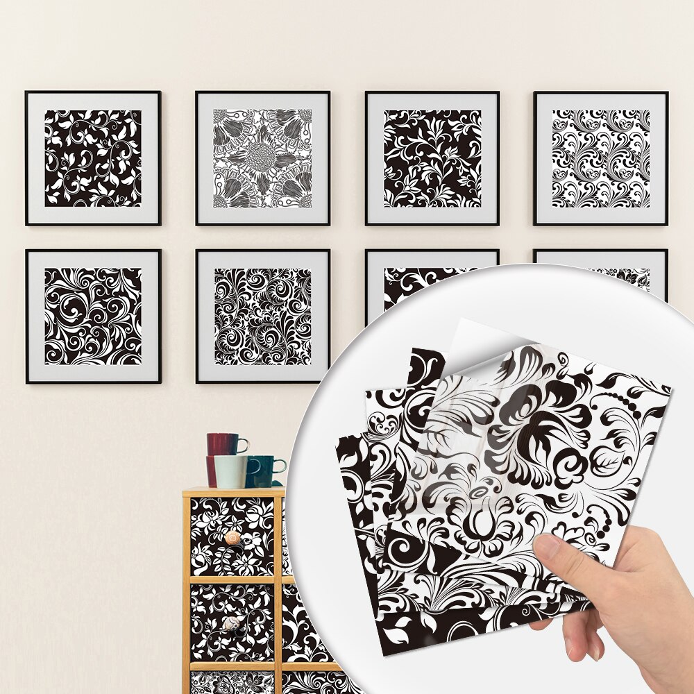 Baroque noir et blanc motif carrelage autocollants salle de bain toilette étanche mur décor Mural