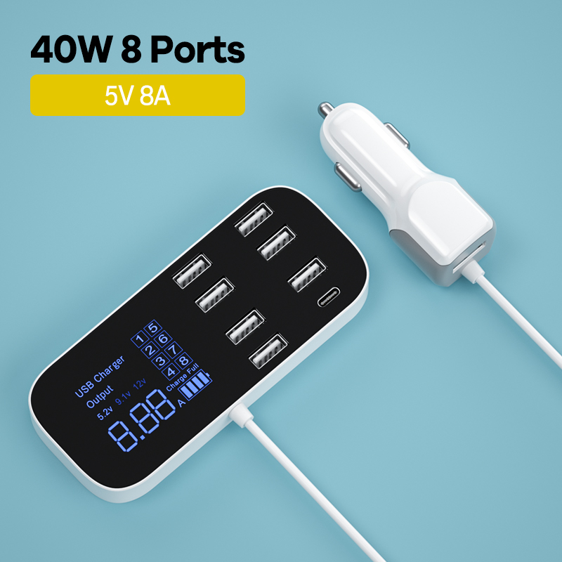 Quick Charge 3.0 Car Charger 40W 8 Ports USB Fast Phone Charger QC 3.0 USB Type C Car Charger for Samsung Huawei Xiaomi iPhone: 8 Port 2.4A
