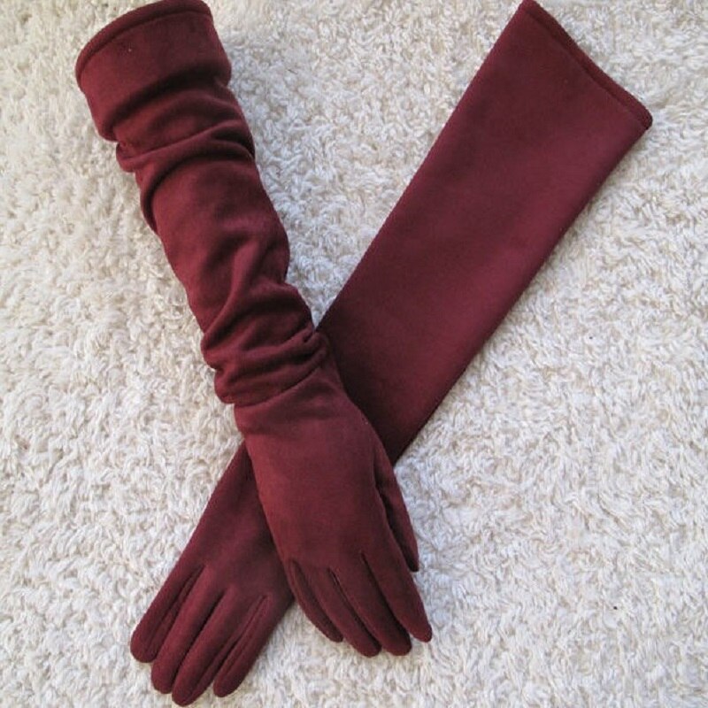 Touch Screen Gloves Warm Full Finger Gloves Winter Ladies Gloves Suede Long 50CM Arm Suede Touch Screen Thick Gloves: Wine Red