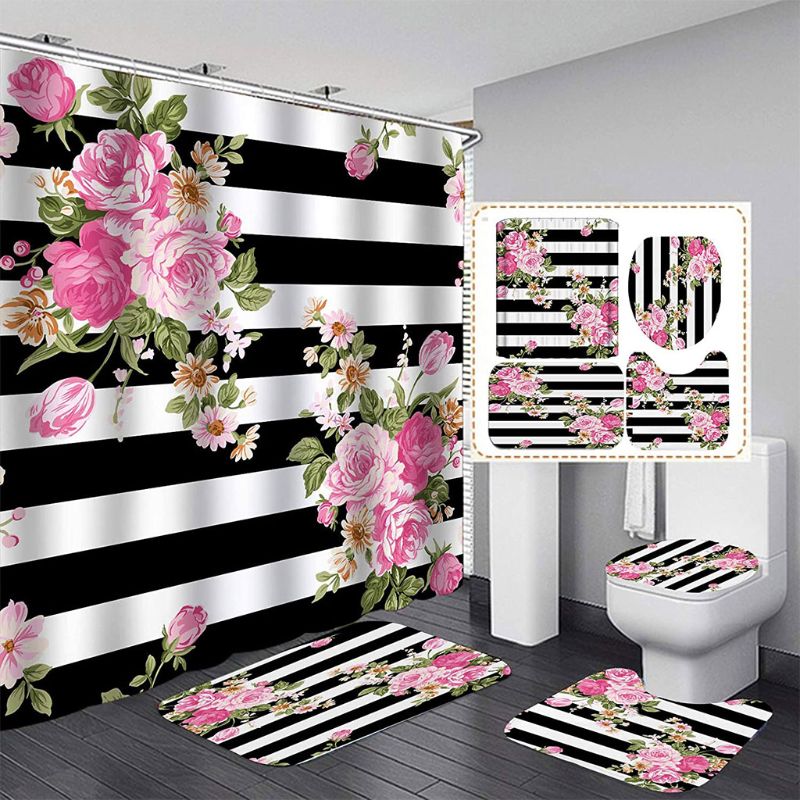 4PCS/Set Shower Curtain Floor Mat U Shape Mat Toilet Lid Cover Bath Curtain Waterproof Polyester Bathroom Rugs Bath Mat