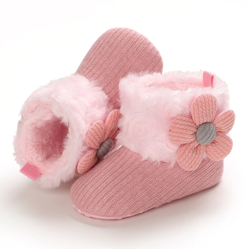 Kleine Baby Snowboots Zachte Faux Fur Knit Bloem Booties Anti-Slip Baby Prewalkers: Roze / 13