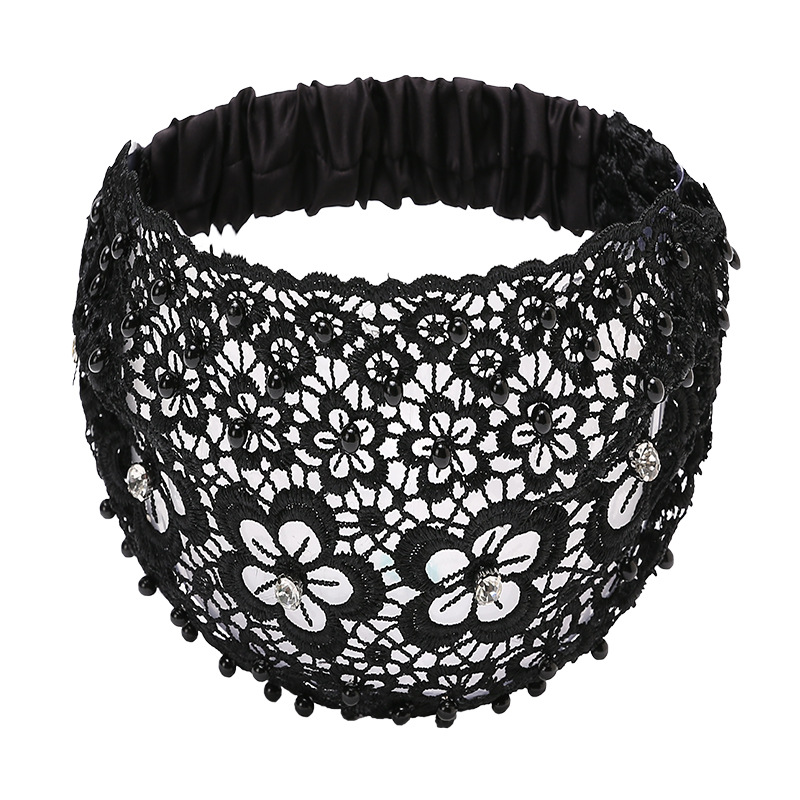 Blomsterhårbånd med perler i blonde - hult hårbånd i polyester med strikk - hårtilbehørsett med pynt - mønster ensfarget co: Svart