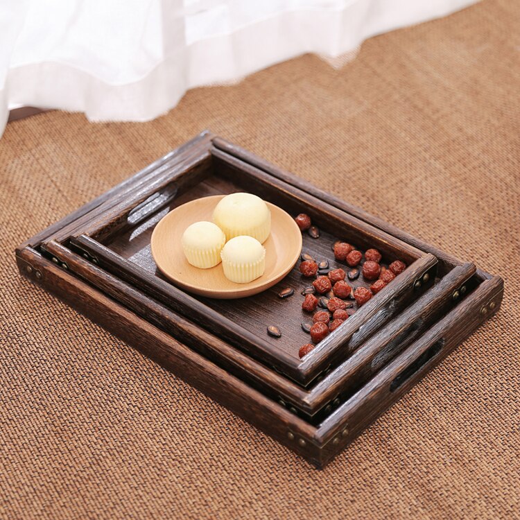 Japanese Style Paulownia Wood Serving Tea Tray Fruit or Food Tray Metal Edge Rectangular Solid Wood