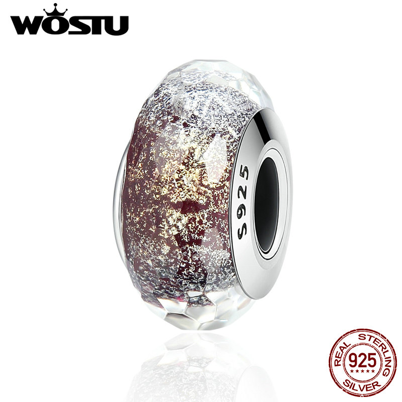 WOSTU Reale Dell'argento Sterlina 925 Scintillante di Murano Branelli di Vetro Misura il Braccialetto di Fascino Dei Monili Originale Regalo Di Natale FIZ061