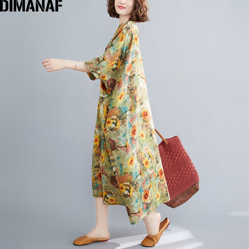 DIMANAF Summer Plus Size Dress Women Clothing Sundress Linen Floral Print Lady Vestido Loose Long Dress Oversize 5XL 6XL