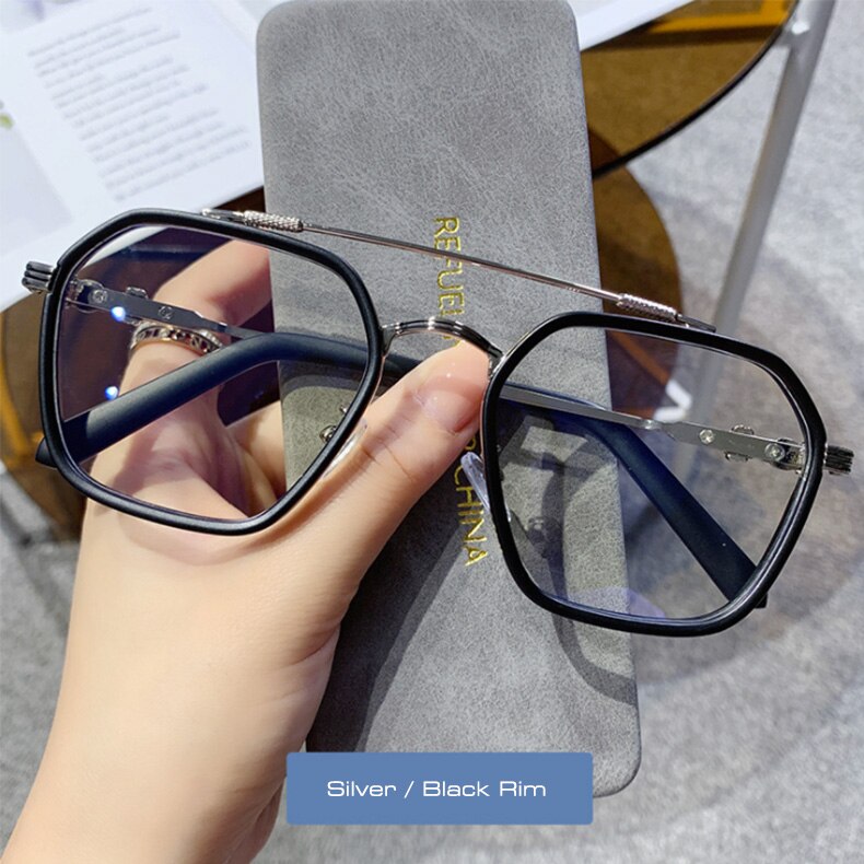 SHAUNA Retro Anti Blue Light Square Glasses Frames Vintage Gothic Optical Eyeglasses Frame: Silver Black