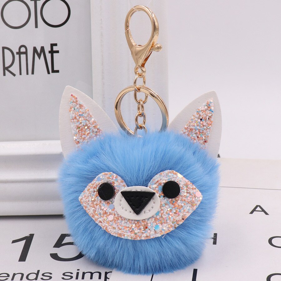 Automne et hiver Style Jade visage renard sac porte-clés modèle Pom-pom porte-clés porte-clés femmes sac pendentif: 7 Blue  Gold Tone Chain Buckle
