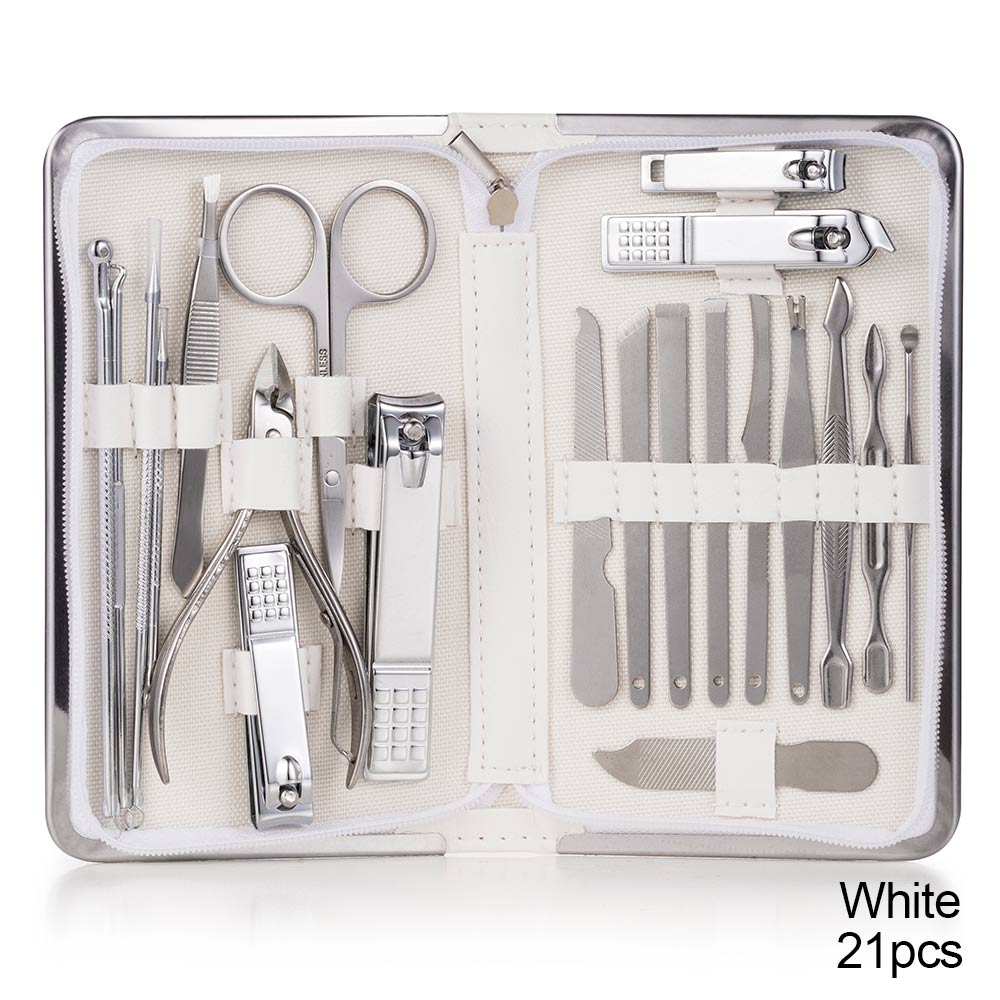 Nail Clippers Set Stainless Full Function Pedicure Tools Kit With Nail Scissors File Acne Needle Tweezers Earpick Manicure Tool: 21 pcs white
