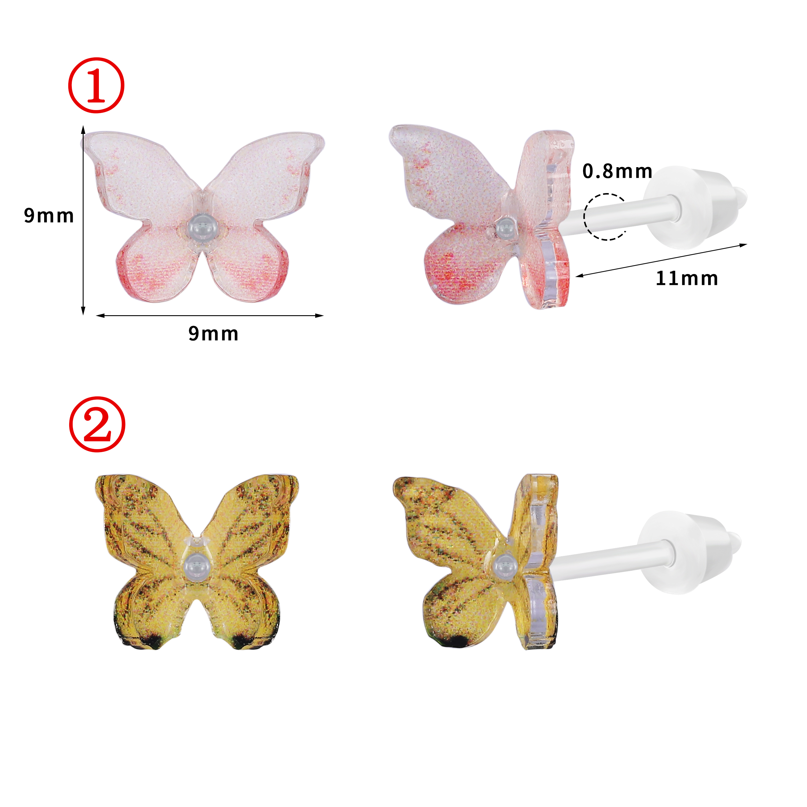 ZS 1 paire de boucles d'oreilles colorées en forme de papillon 20G boucles d'oreilles en acrylique Anti-allergie mignon oreille Cartilage Helix conque piercings