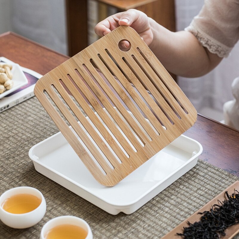 Square Simple Dry Soak Tea Tray Eco-Friendly Wooden Drainage Water Storage Tea Board Table