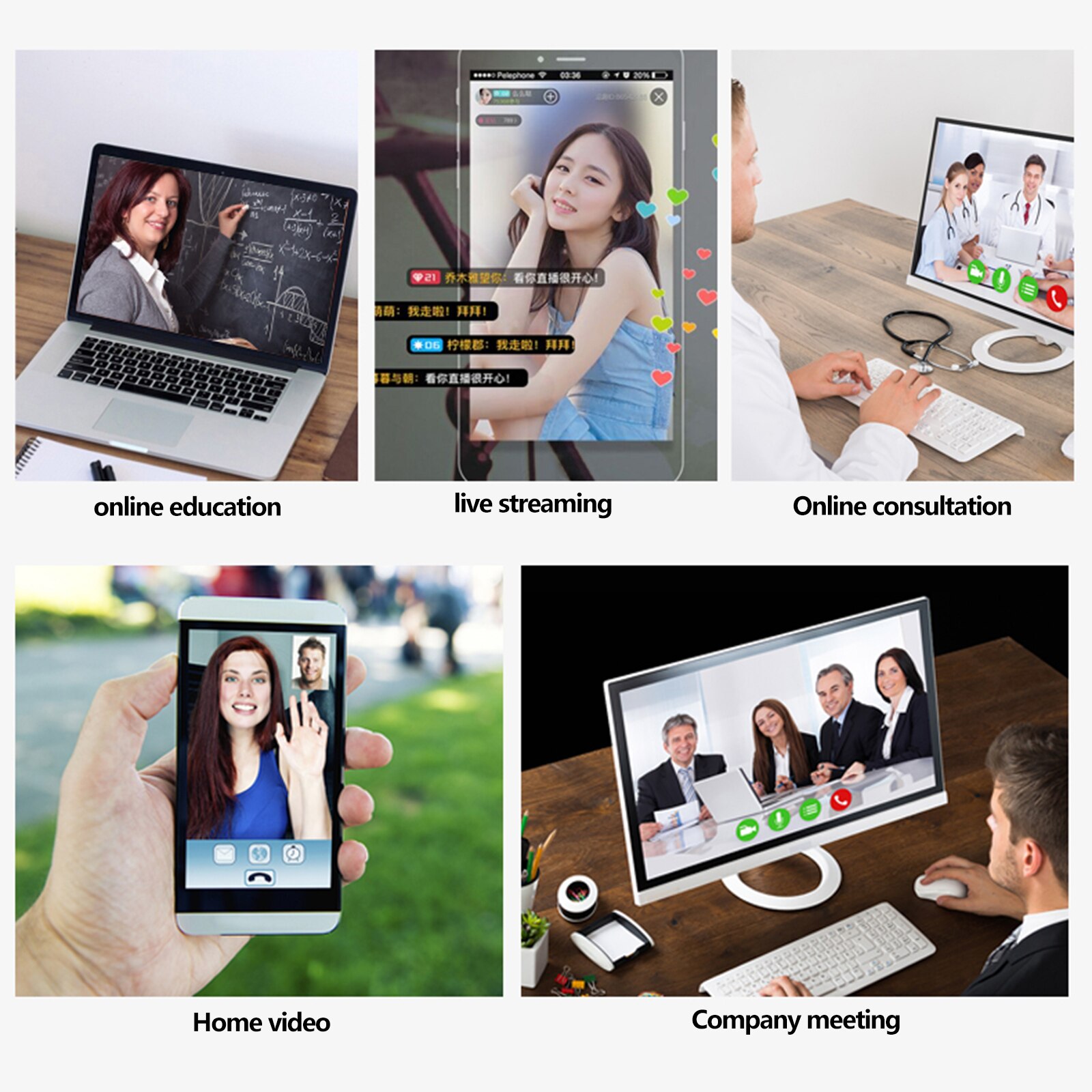 Digital USB Video Recorder for Home Office Computer Webcam Wide-Angle 1080P HD Web Camera with Microphone and Ring Light