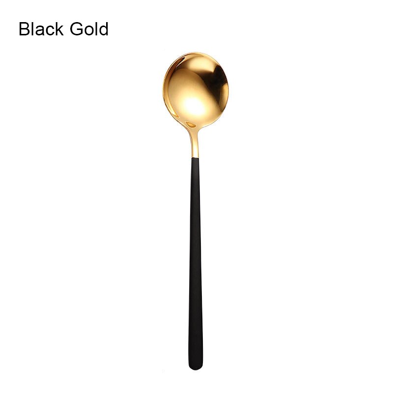 Stainless Steel Spoon Korean Style Spoon Household Exquisite Long Handle Spoon Soup Bibimbap Spoon JW: Black gold