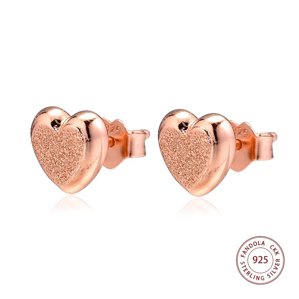 Authentieke 925 Sterling Zilver Rose Goud Matte Brilliance Harten Stud Oorbellen voor Vrouwen Wedding Earring Mode-sieraden brincos
