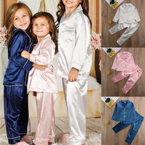 Småbørn baby dreng pige silke satin top bukser pyjamas lange ærmer solid button-down pyjamas satin sæt barn nattøj natkjole