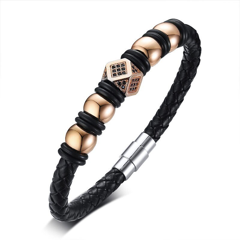 Stylish Mem Jewelry Rose Gold Tone Beaded and Black CZ Modern Mens Braided Leather Bracelet: ROSE GOLD