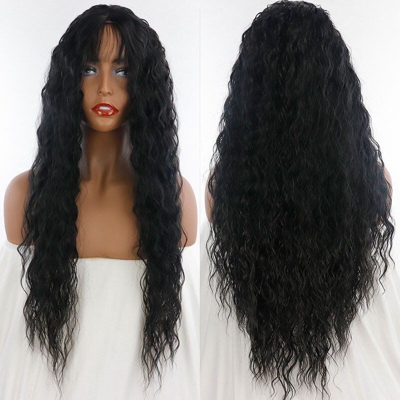 Bombshell Black Long Loose Curly Synthetic Hair Wig Glueless Heat Resistant Fiber With Baby Hair Middle Parting For Women Wigs