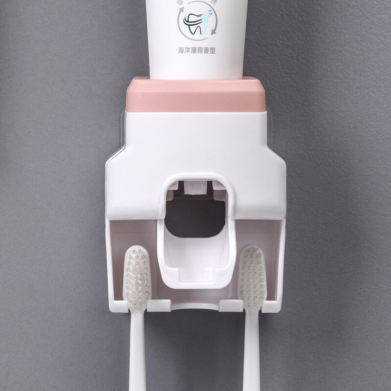 Wall Mount Toothpaste Dispenser Bathroom Accessories Home Waterproof Lazy Toothpaste Squeezer Toothbrush Holder Hooks: pink