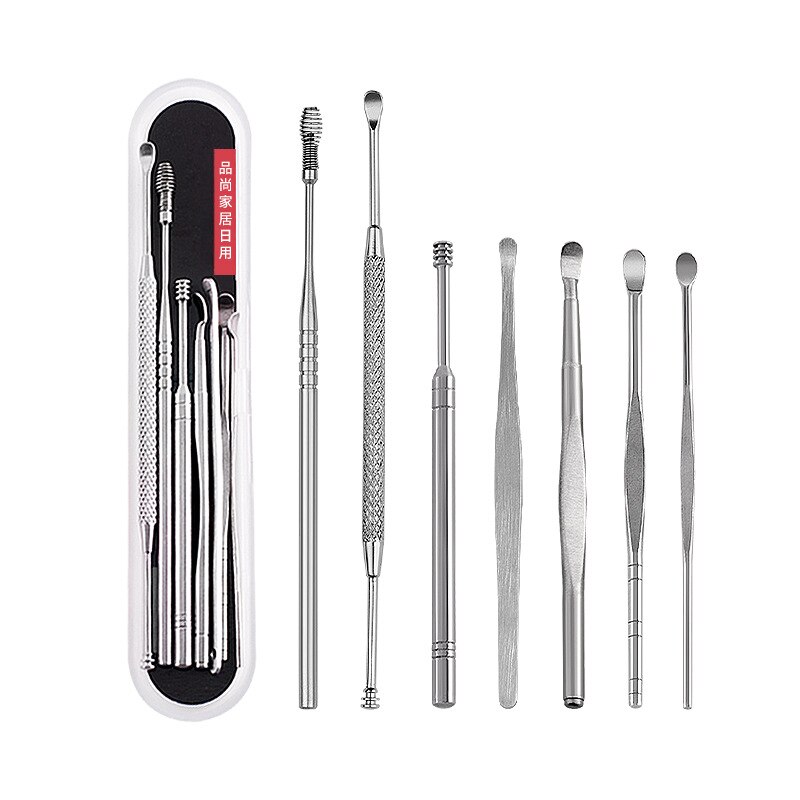 7 st/set bärbar öronpetare i rostfritt stål rengöringsverktyg öronvård säkerhet gräva öronrengöringsanordning öron sked lätt hållbar