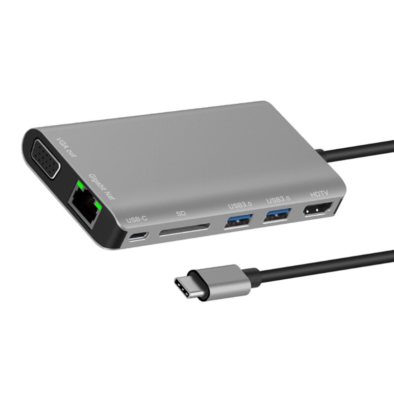 Type-c dockstation usb 3.0 x 2/ sdx 1 kort + hdmi / vga + jackstik 3.5+rj45+ type-c (pd) -port