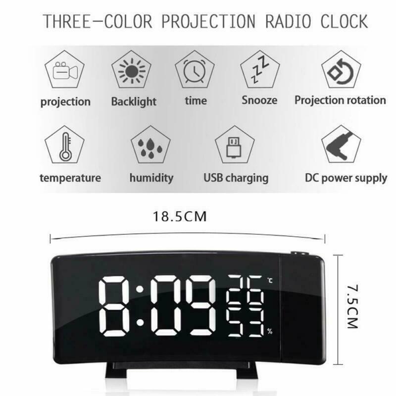 LED Display Time Digital Alarm Clock Projection Backlight with 180° Rotatable USB Charge FM Radio Snooze Function Table Clocks